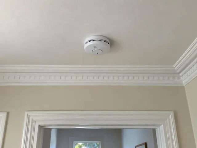 Ceiling-mounted smoke alarm on a cream plaster ceiling with decorative cornice in Waverley